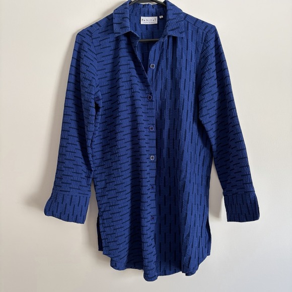 Habitat Tops - Habitat Clothes To Live In Blue Black Button Up Blouse Top Long Sleeve XS